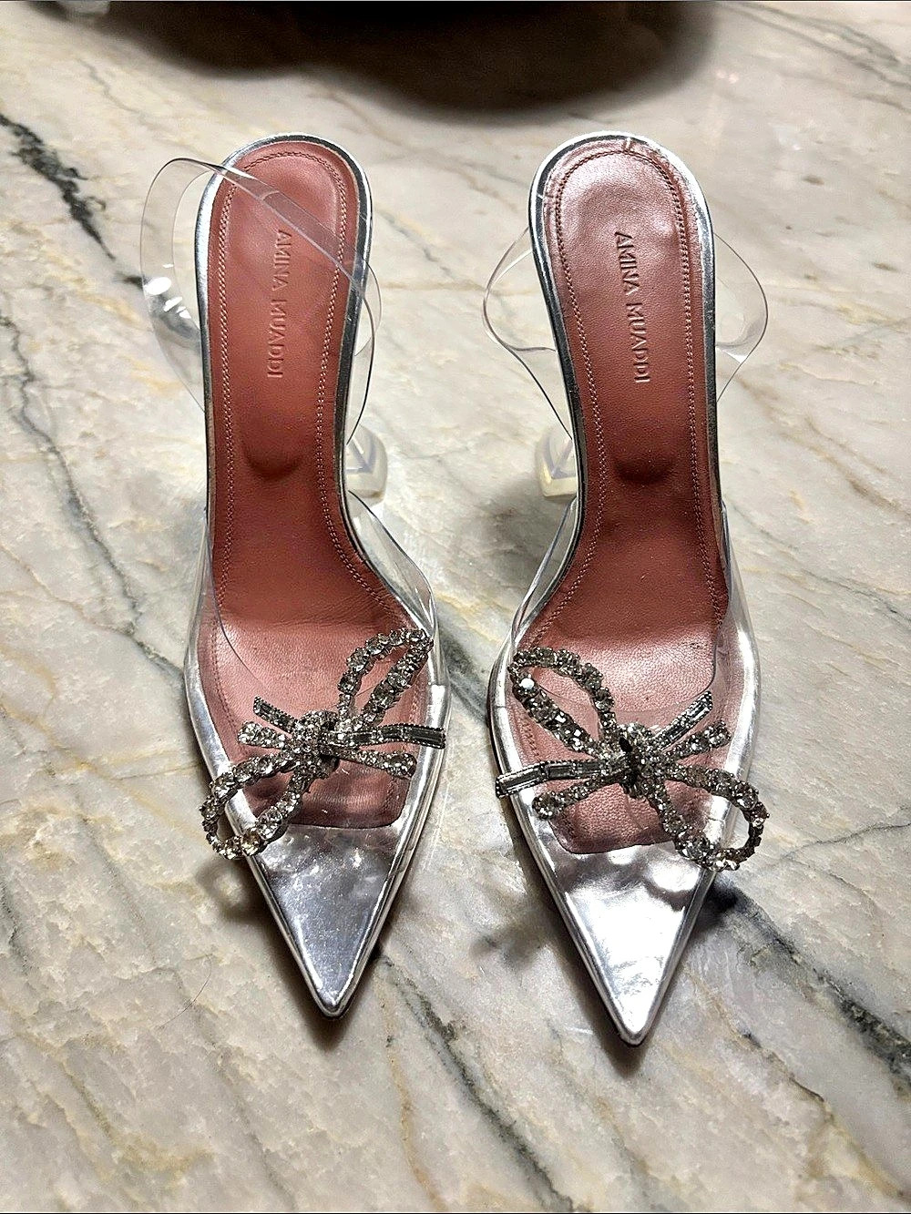 Amina Muaddi Begum Glass Slingback Silver Heels